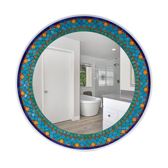 24'' Mosaic Wall Turquiose Mirror Round Decor Colorful Bathroom Living Hallway - Picture 1 of 7